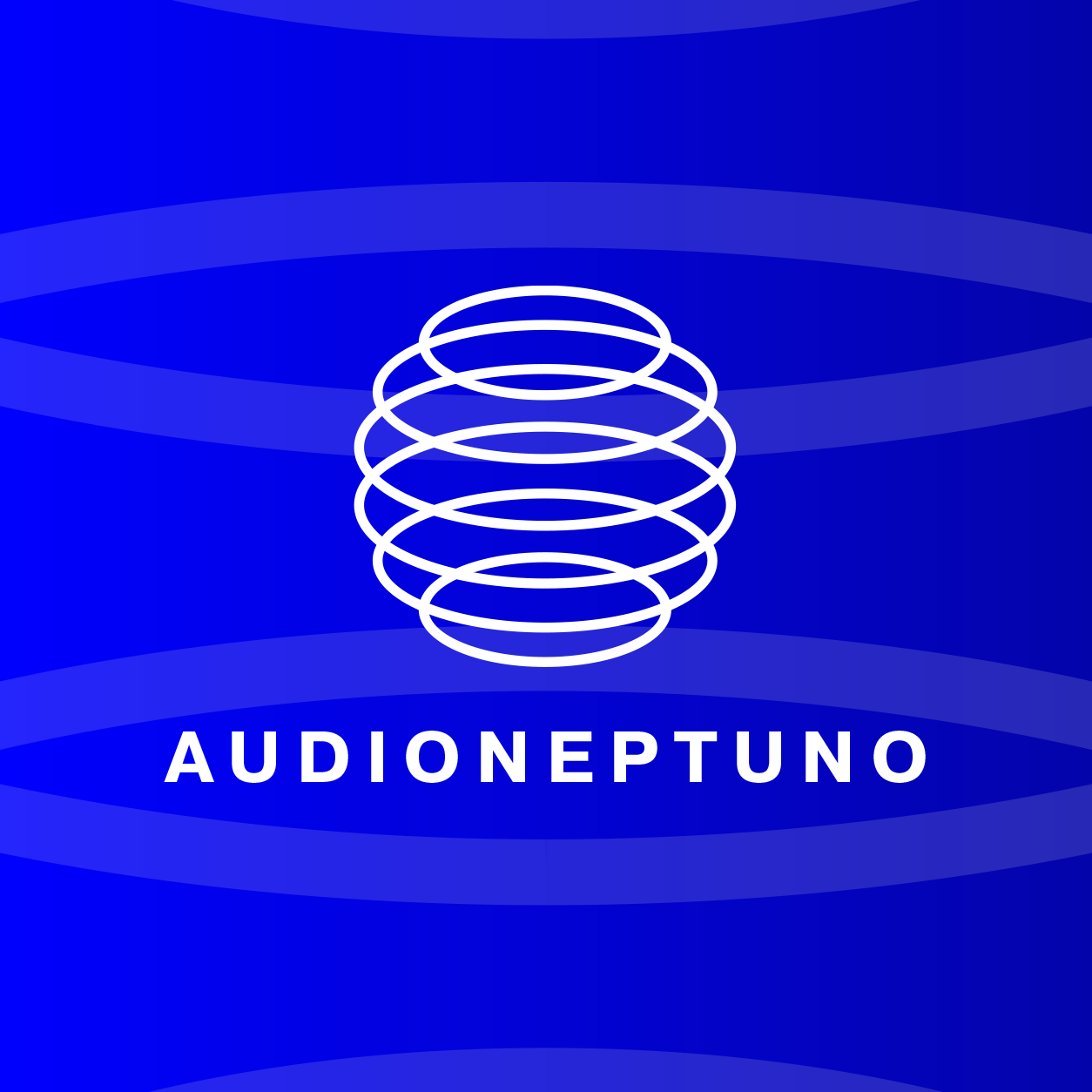 Audioneptuno: logo blanco de anillos y nombre sobre fondo azul